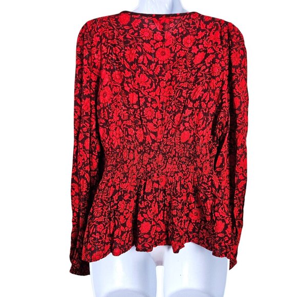 Knox Rose Womens XL Red Floral Peplum Blouse Smocked Waist & Long Sleeves - Picture 5 of 12